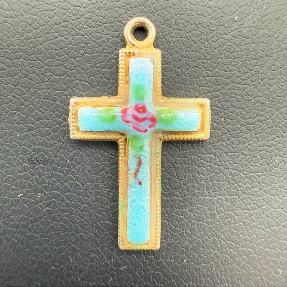 Vintage Blue Enamel Handpainted Floral Cross - Picture 8 of 14